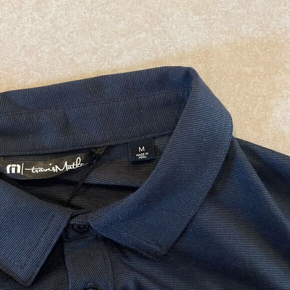Travis Matthew Navy Blue Tiny Striped Short Sleeve Polo with Side Slits- Medium - Picture 13 of 16